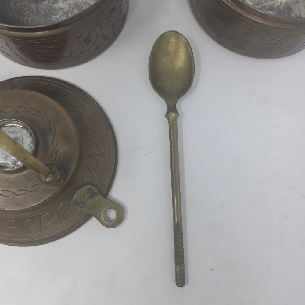 Vintage Brass Tiffin Stacking Food Boxes With Fork And Spoon Screw in Handle